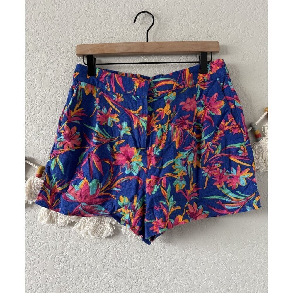 J. Crew Linen Blend Floral Pleated Elastic Shorts Tropical Beachy Blue Resort M